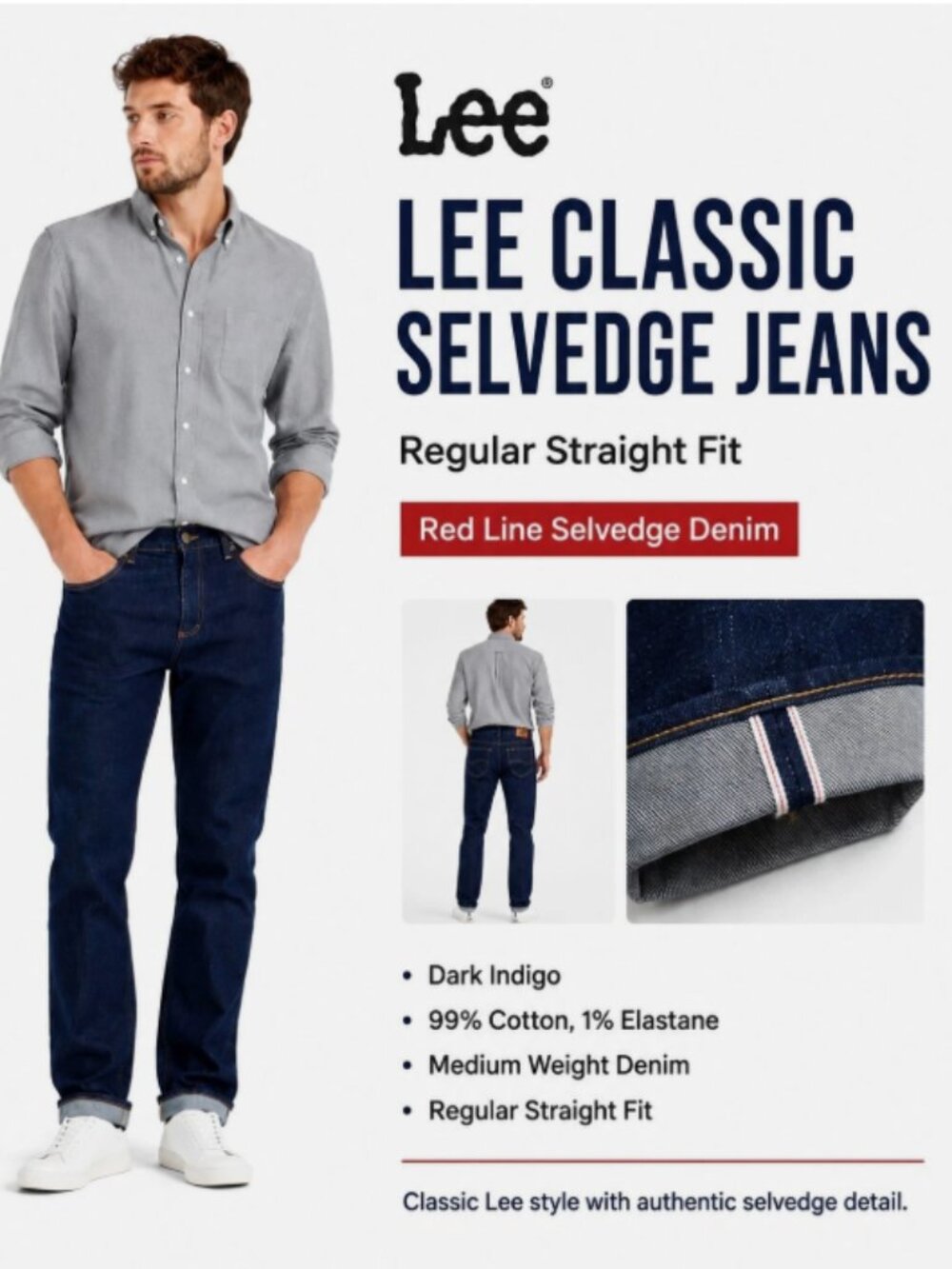 Lee Selvedge W33 L34 Men's Jeans Regular Straight Fit Premium Dark Indigo Denim
